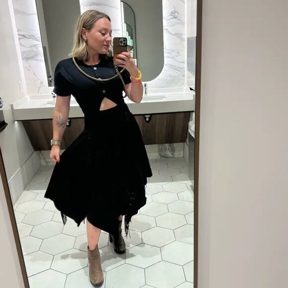 Bibhu‎ Mohapatra Cutout Fringe Dress Black Button Short Sleeve Western Sz 4 - Picture 5 of 13